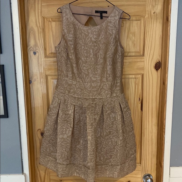 BCBGMaxAzria Dresses & Skirts - BCBGMaxAzria Tan Pleated Scoop Neck Midi Dress